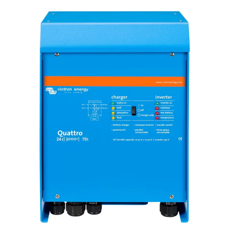 Innenansicht des Victron Energy Wechselrichters mit elektronischen Bauteilen und Verkabelung.