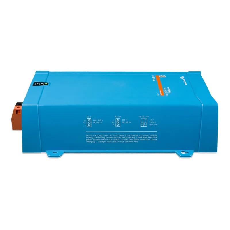 Seitliche Ansicht des Victron MultiPlus 48/1600/20-16 mit Kühlrippen und Typenschild
