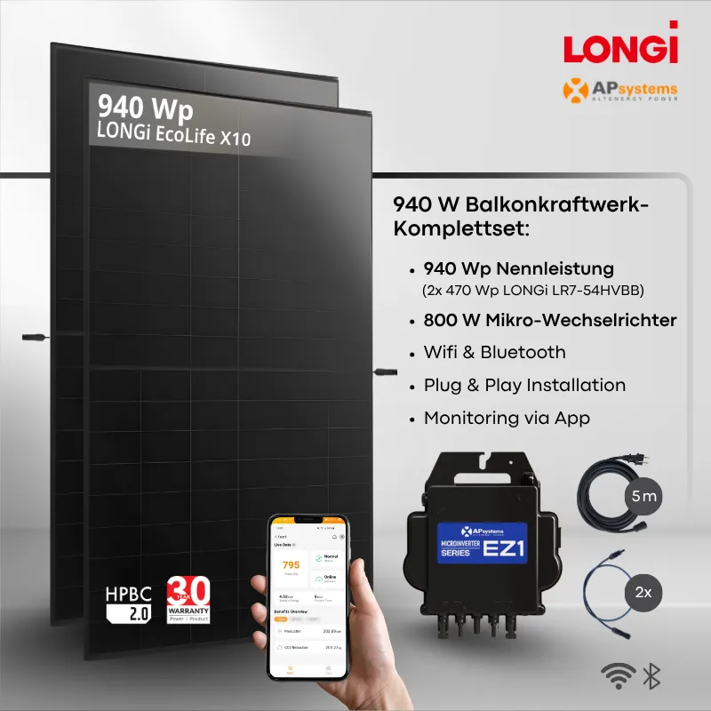 Balkonkraftwerk LONGi 940 Wp + APsystems EZ1 800 W