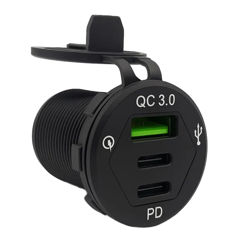 USB-Dreifachsteckdose 12V/24V 2x 18W USB-C und 1x 18W USB-A KFZ-Schnellladeadapter mit Abdeckung – Bild 2