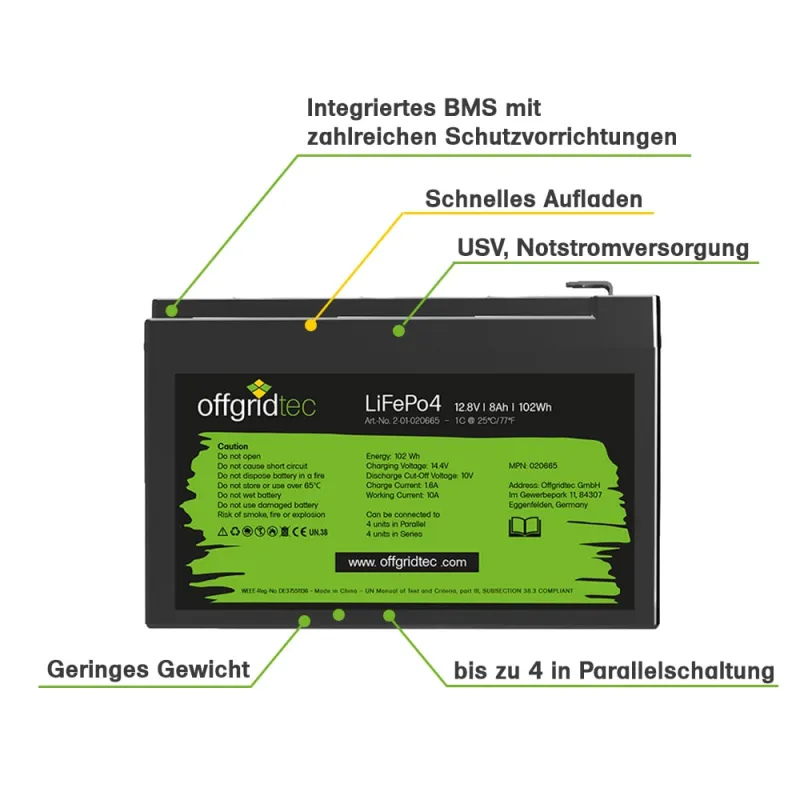 LiFePo4 Akku 12/8 12,8V 8Ah BMS integriert 102Wh – Bild 5