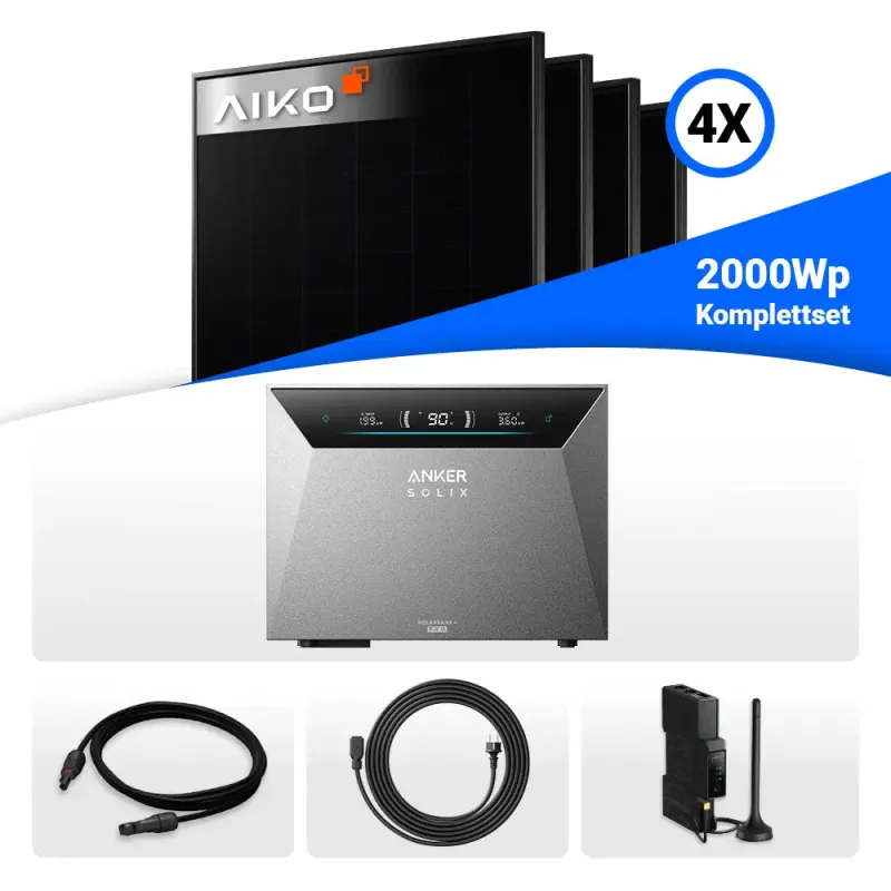 2000W Balkonkraftwerk mit Speicher - 4x AIKO 500W Full Black bifazial & Anker Solix Solarbank 4 Pro