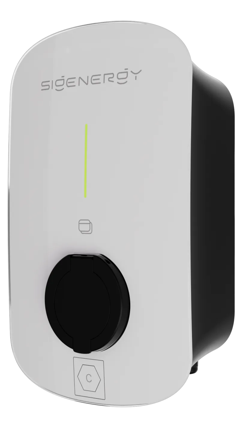 Seitliche Ansicht des Sigenergy Sigen EVAC Ladepunkts mit geschlossener Type2-Steckdose