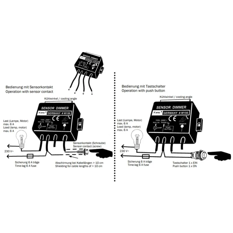 Rückseite des Kemo Electonic M156 mit Anschlussmöglichkeiten für ohmsche und induktive Lasten.