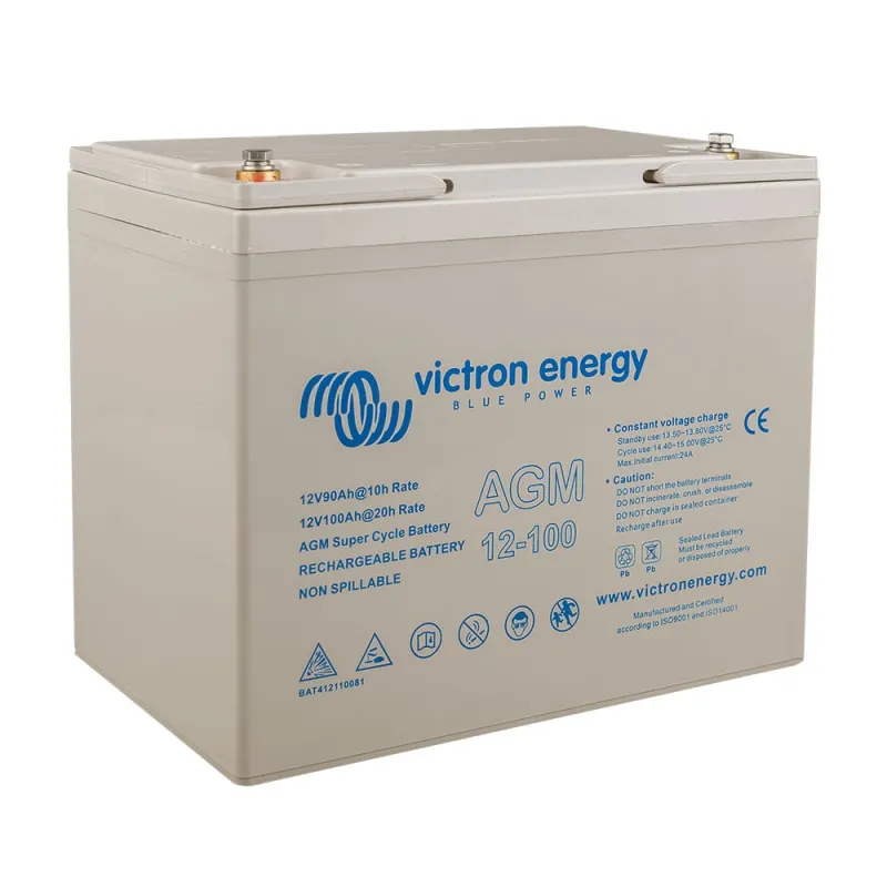Victron Energy AGM-Batterie 100Ah seitliche Ansicht mit Maßen und Typenschild