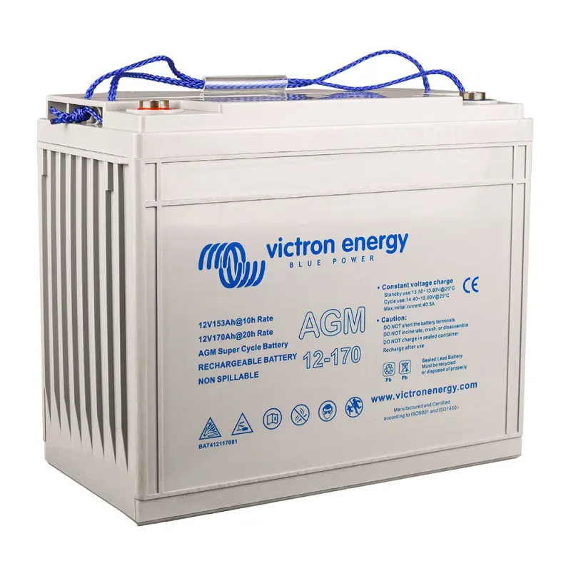 Seitliche Ansicht des Victron Energy Batteriespeichers AGM mit 170 Ah Kapazität und robustem Gehäuse.