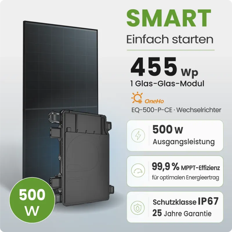 Balkonkraftwerk mit einem Solarmodul und Mikrowechselrichter für 460 Wp Leistung.