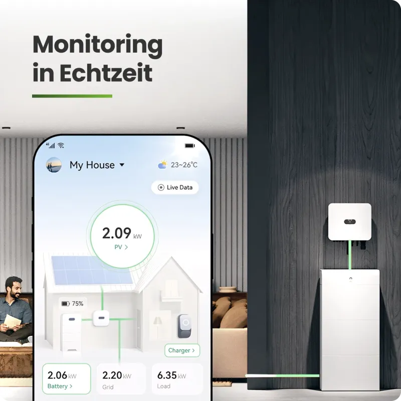 Huawei Batteriespeicher LUNA2000-7-S1 Speicherpaket mit Monitoring-Oberfläche zur Steuerung des Solarstroms.