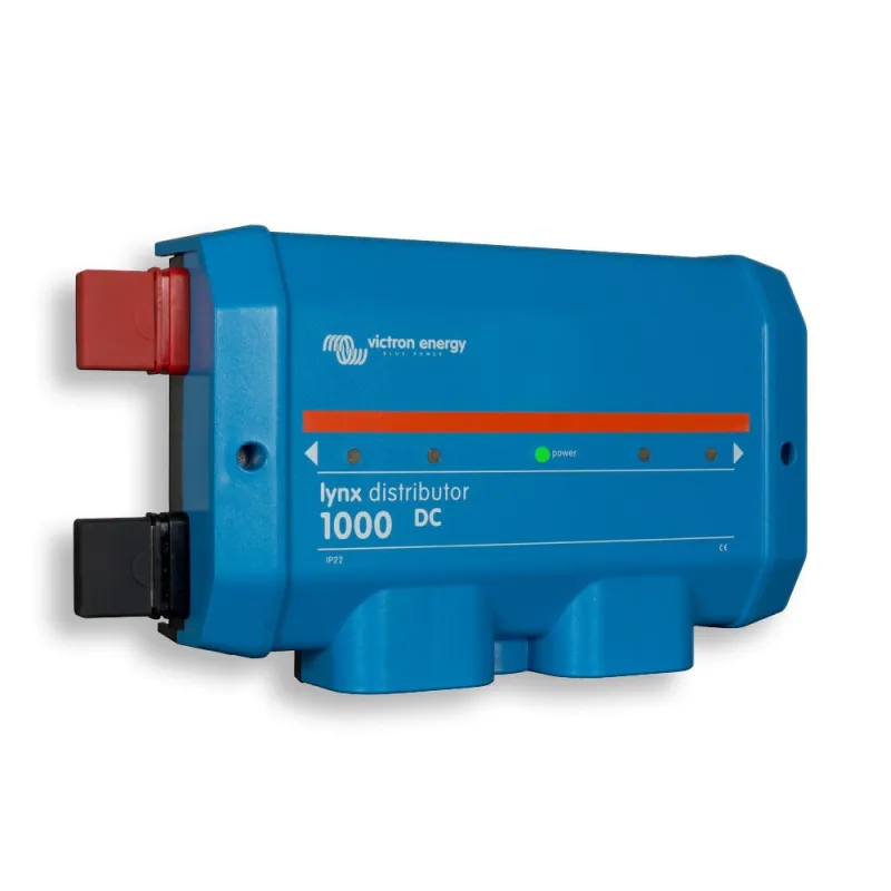 Ansicht der Victron Energy DC-Sammelschiene mit Anschlüssen und kompaktem Gehäuse aus ABS-Kunststoff