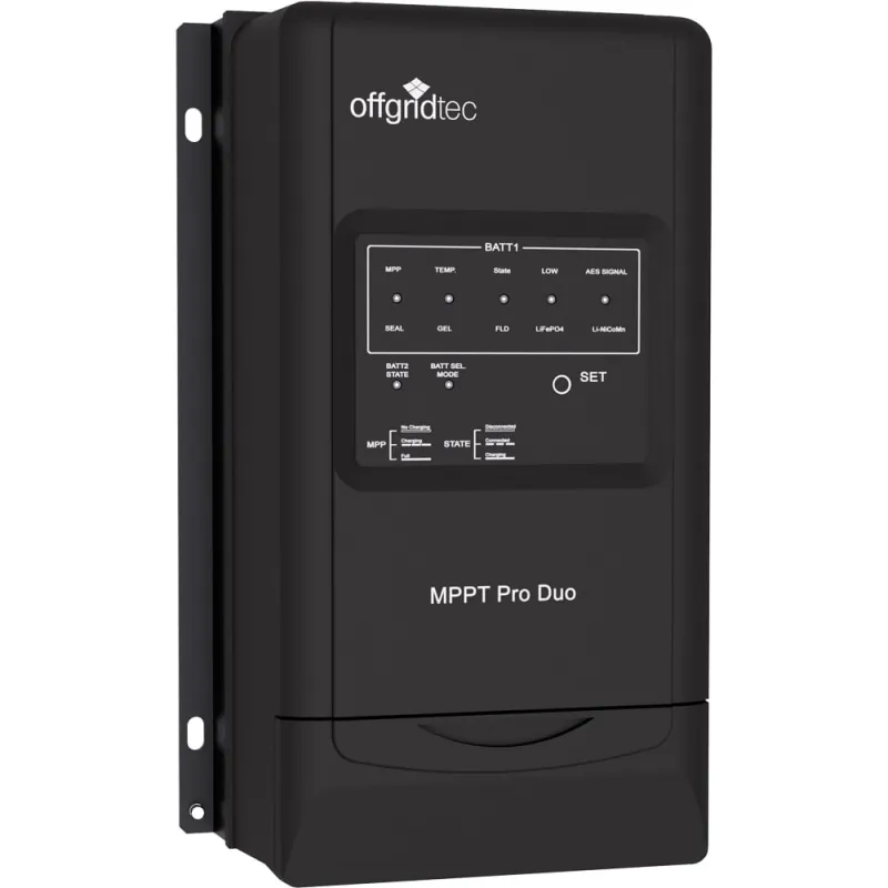 MPPT Pro Duo Laderegler mit zwei Batterieanschlüssen für 12V- und 24V-Systeme.