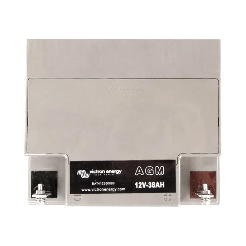 Seitliche Ansicht des Victron Energy Batteriespeichers AGM mit 38 Ah Kapazität.