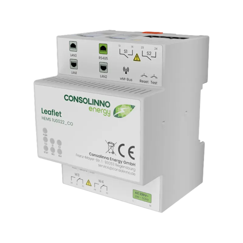 Frontansicht des Consolinno Leaflet HEMS mit Anschlüssen für Energiemanagement-Systeme