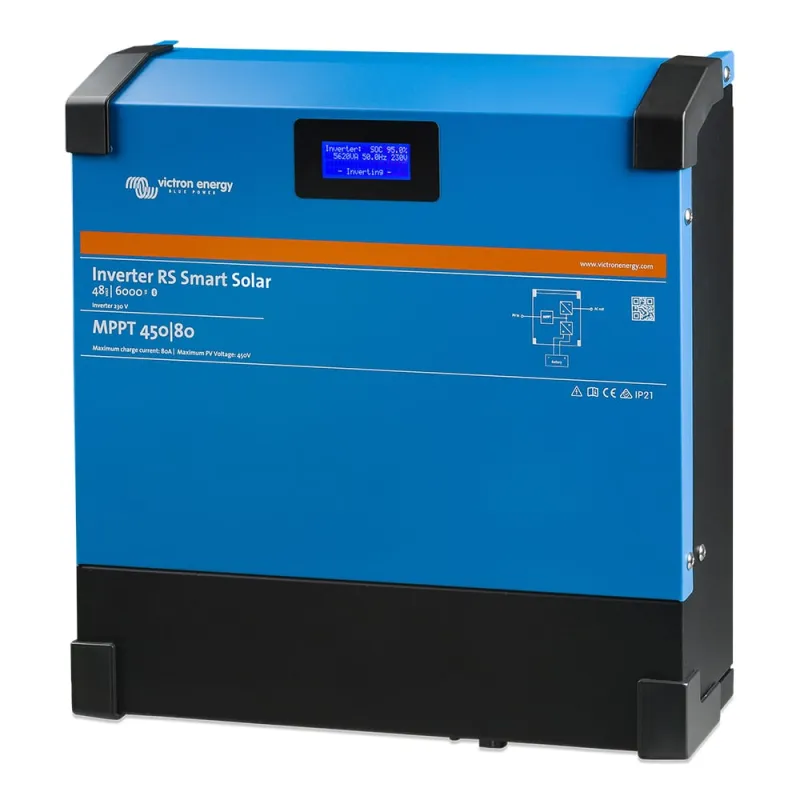 Rückansicht des Geräts mit Anschlüssen für Batterie, Solar und Netzstrom