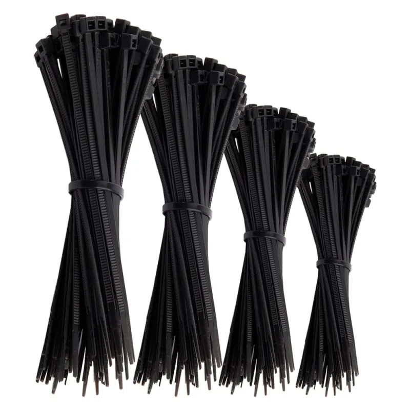 Schwarze UV-beständige Kabelbinder aus Nylon in verschiedenen Längen, 400 Stück im Set.