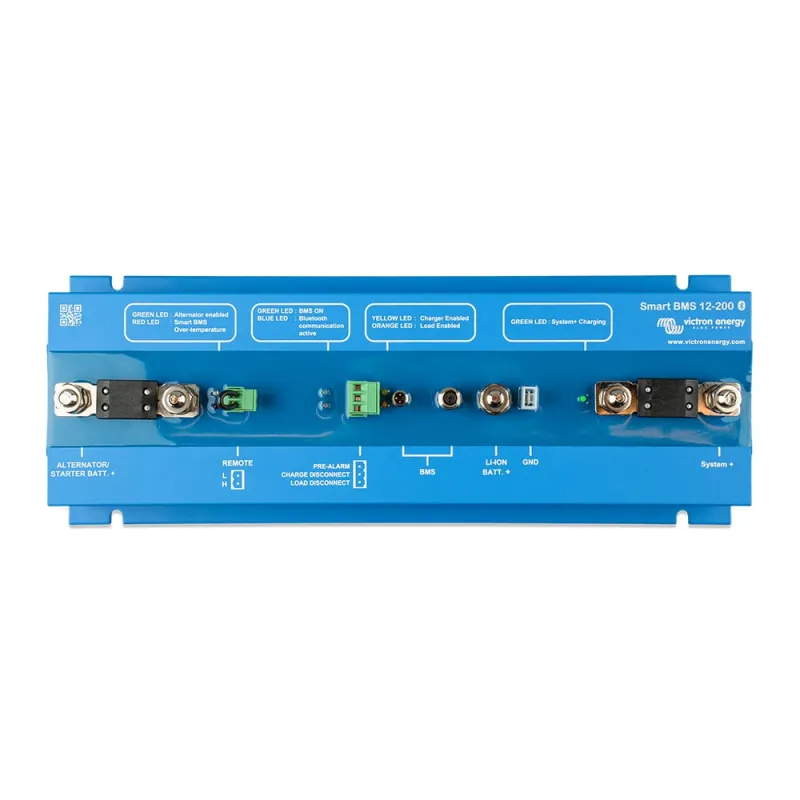 Technische Zeichnung des Victron Smart BMS 12/200 mit Abmessungen und Anschlusspunkten.