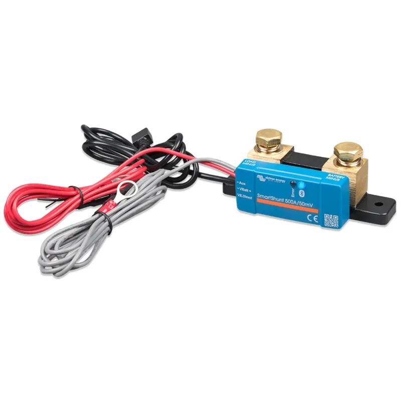 Detailansicht des Victron Energy Shunt 500A/50mV mit Messanschlüssen.