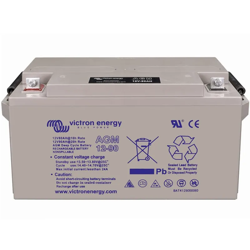 Victron Energy Batteriespeicher AGM 12V/90Ah mit Verpackung und Produktinformationen