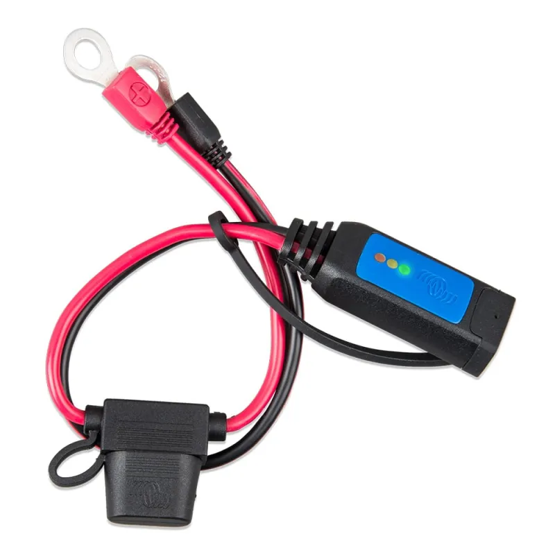 Victron Energy Batteriekabel mit LED-Anzeige und integrierter Sicherung, seitliche Detailansicht.