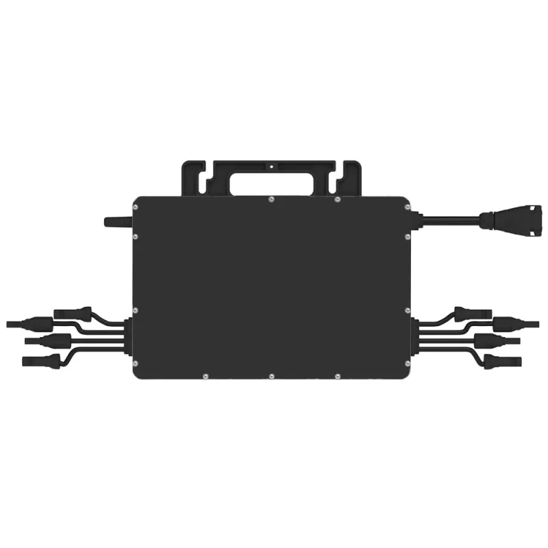 Seitliche Ansicht des Hoymiles Wechselrichters HMS-2000-4T Microinverter mit Kabelanschlüssen.