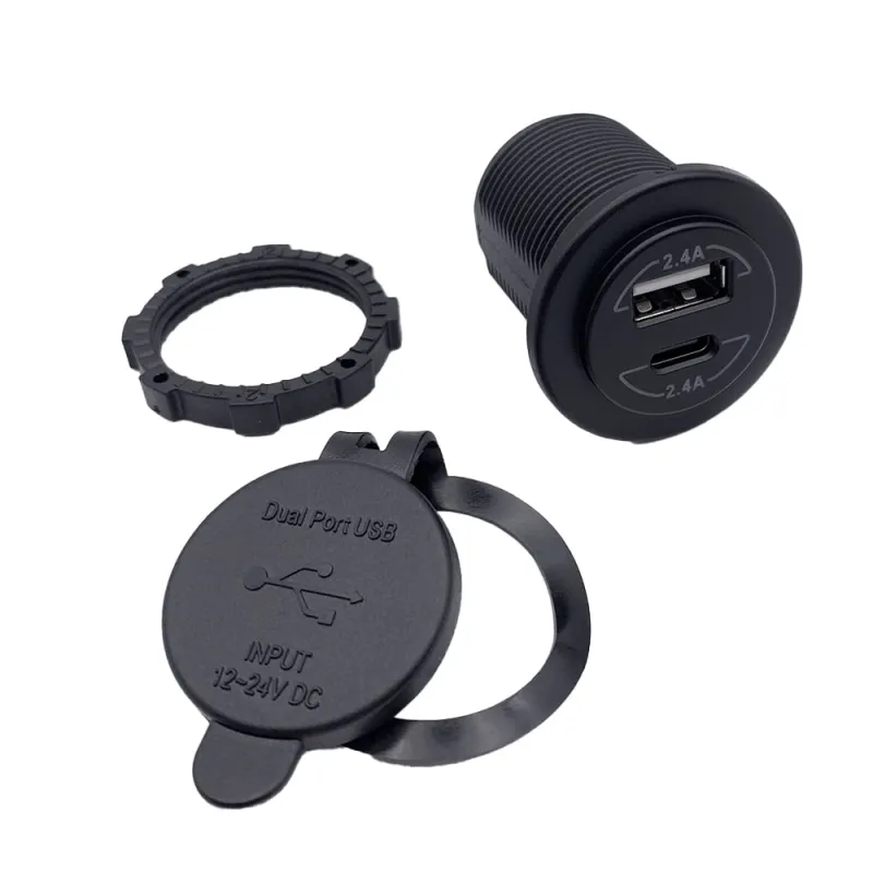 Technische Zeichnung der USB Doppelsteckdose mit Maßen und Anschlüssen.