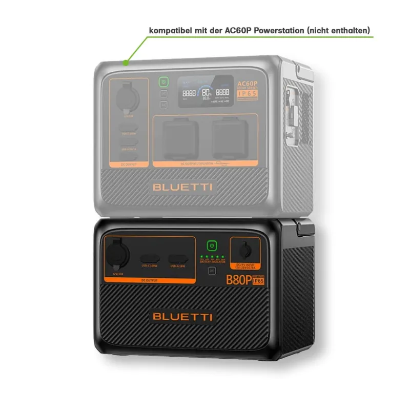 Bluetti B80P Powerstation im Außenbereich mit Solarmodul verbunden
