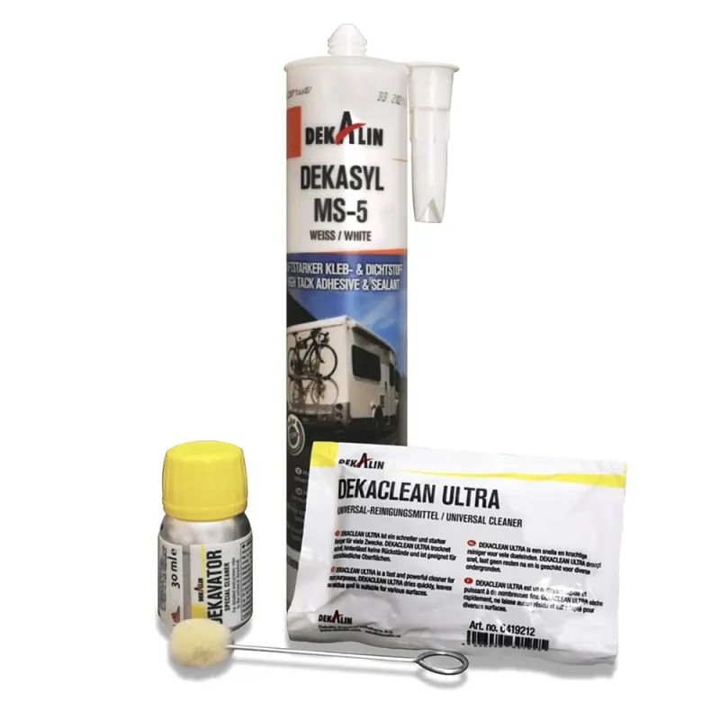 Verpackung des Dekalin Klebesets mit Kraftkleber und Montagezubehör für PV-Anlagen.