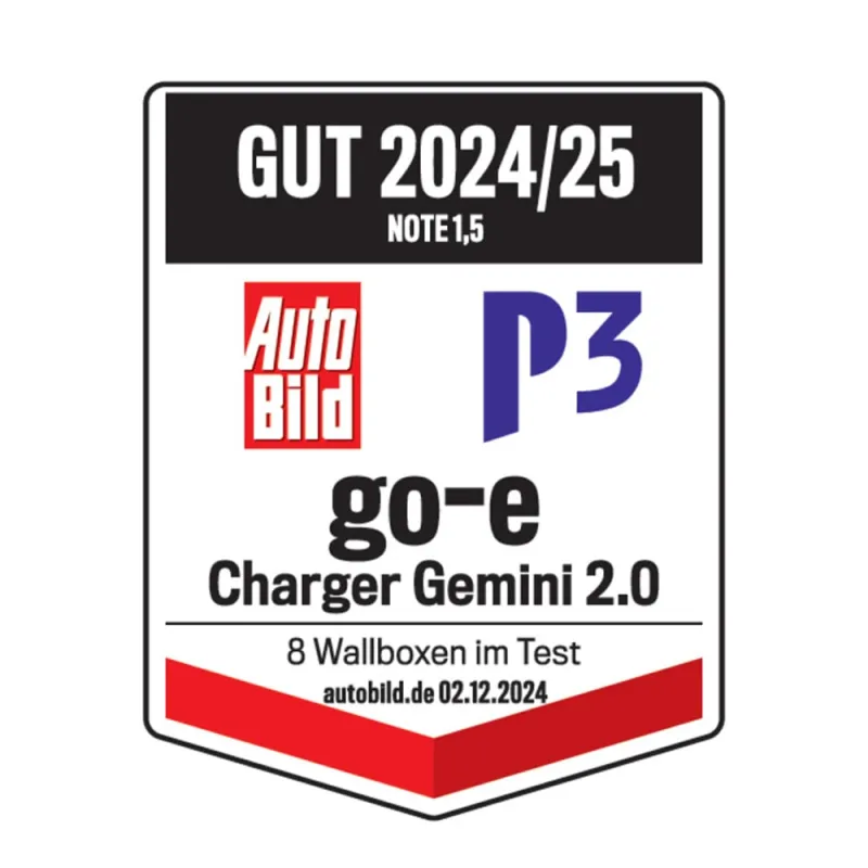 go-e Gemini Wallbox mit montiertem Ladekabel und Wandhalterung