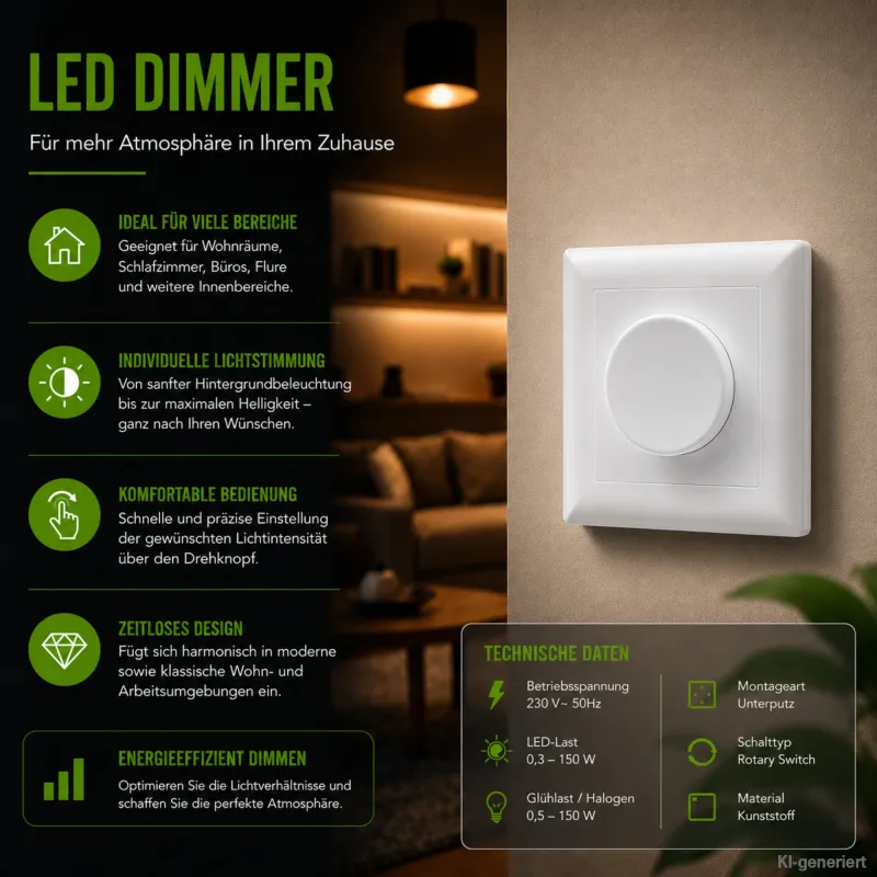 Smart LED Drehdimmer 0,5 - 100W Unterputz Tuya Alexa Dimmschalter für LED und Halogen 0,5 - 300W 230V weiß – Bild 3