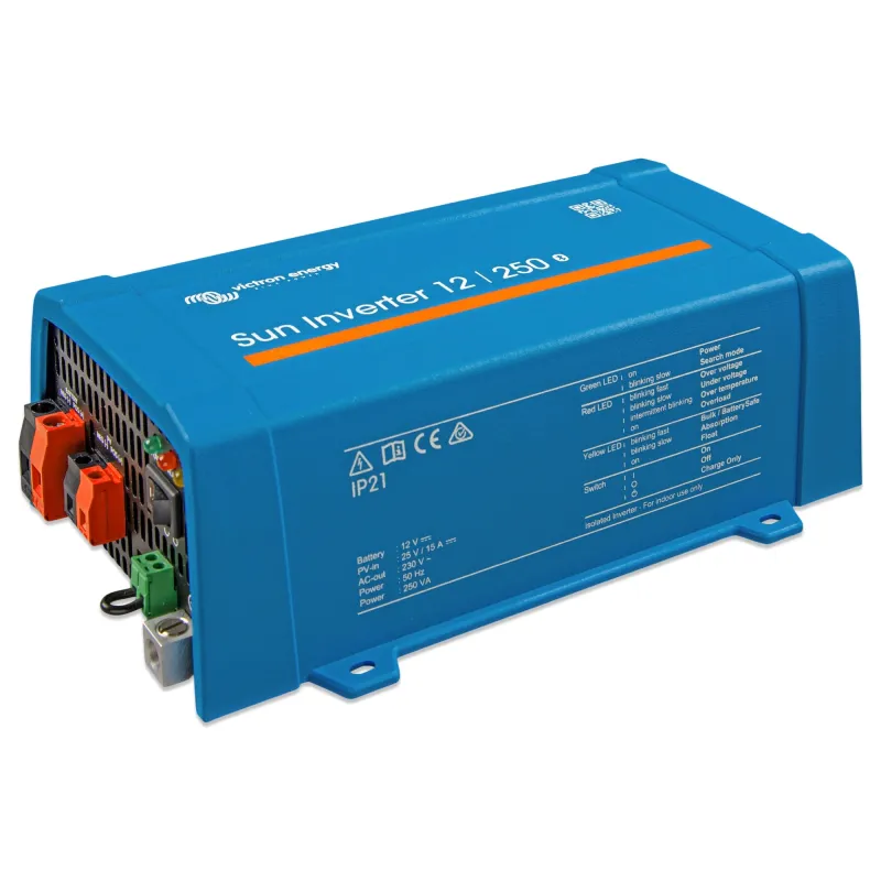 Rückansicht des Victron Wechselrichters Sun 12/250-15 IEC mit Anschlussklemmen