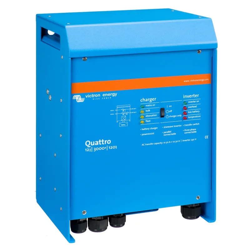 Rückansicht des Victron Energy Wechselrichter/ Ladegeräts mit Anschlüssen für Batterie und Netzstrom.