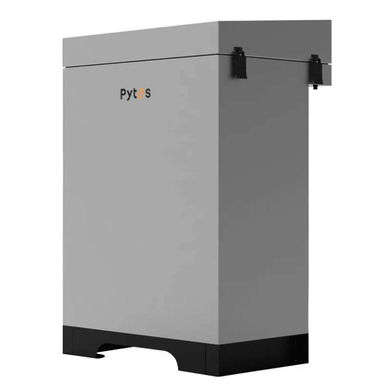 Seitliche Ansicht des Pytes Batteriespeicher R-BOX-NEMA Schranks, verzinkter Stahl