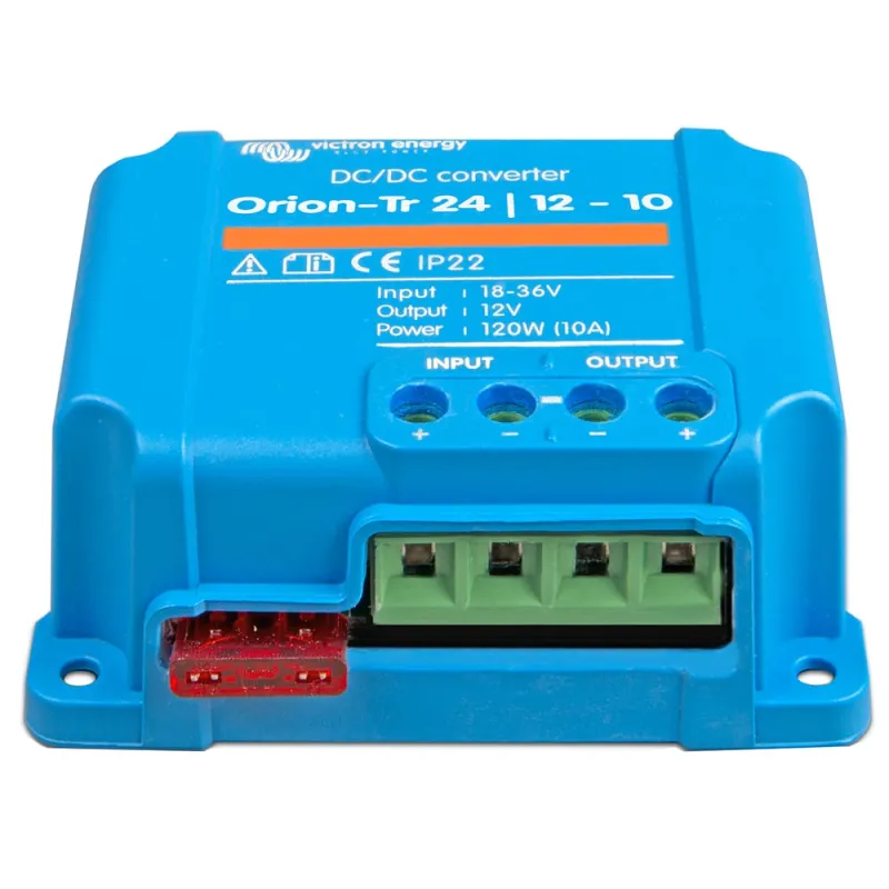 Ansicht des Victron Energy DC/DC Wandlers mit Anschlüssen für 24-V- und 12-V-Systeme.