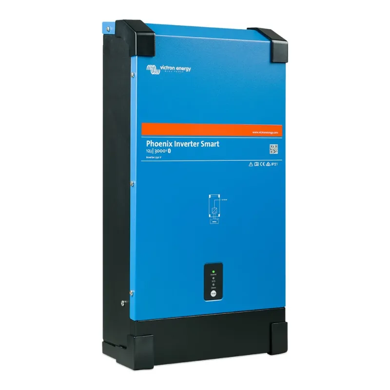 Rückansicht des Victron Energy Wechselrichters Victron12/3000 mit Kühlrippen und VE.direct-Schnittstelle.