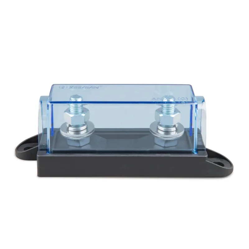 Victron Energy Sicherungshalter mit Anschlüssen für 70 V/DC-Systeme, seitliche Perspektive.