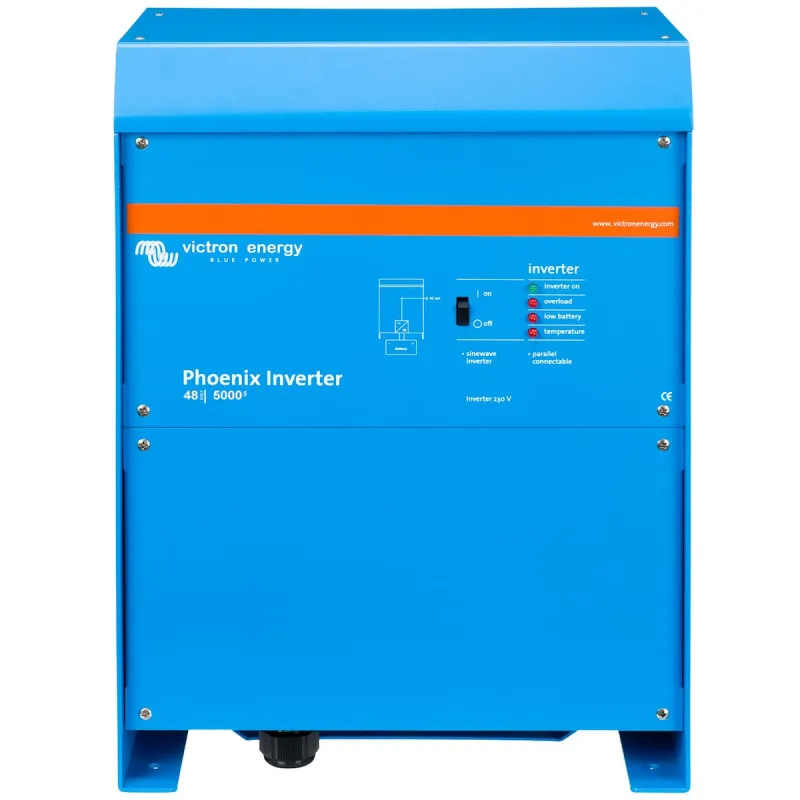 Victron Energy Wechselrichter Phoenix 48/5000 mit Anschlüssen und Bedienelementen, Frontansicht.