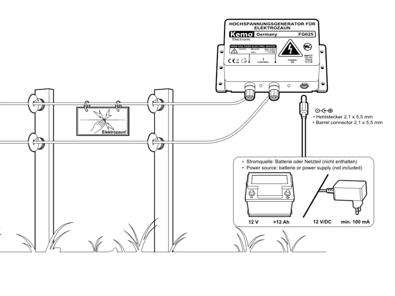 Kemo Electonic Weidezaungerät FG025 mit Anschlüssen für Elektrozaun und Erdung