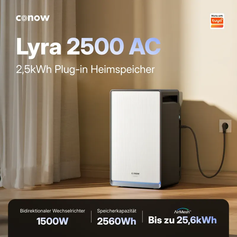 Seitenansicht des Conow Batteriespeichers Lyra, kompakt und platzsparend