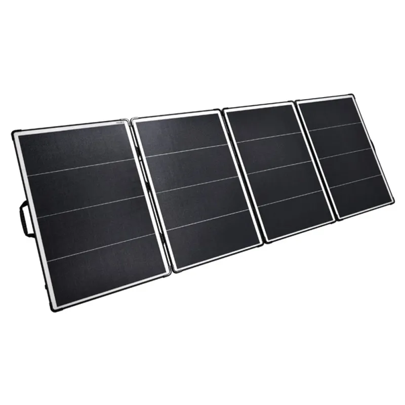 Faltbares Solarmodul FSP-Max 400W 36V mit MONO-PERC-Zellen, ausgeklappt für mobile Stromerzeugung.