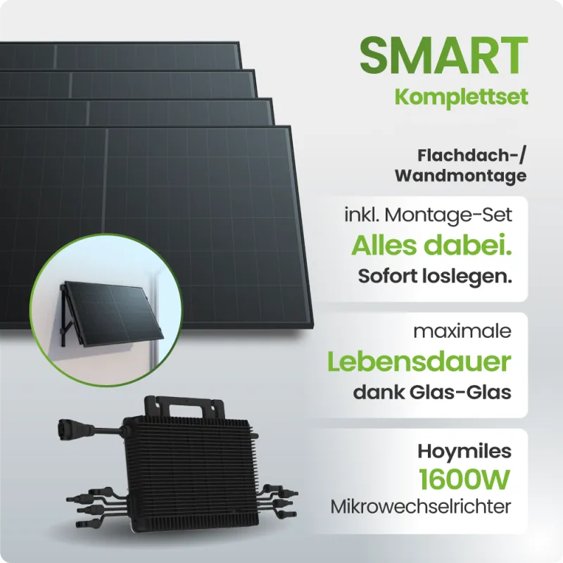 1840Wp Balkonkraftwerk Smart mit Hoymiles Mikrowechselrichter - Flachdach/Wandmontage