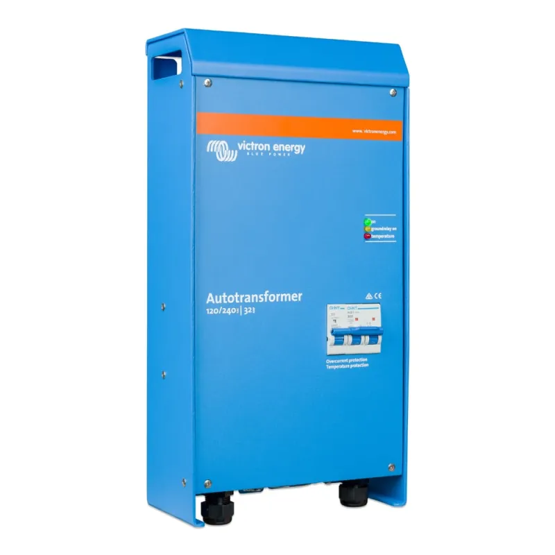 Seitliche Ansicht des Victron Spartransformators 120/240VAC-32A mit Anschlüssen.