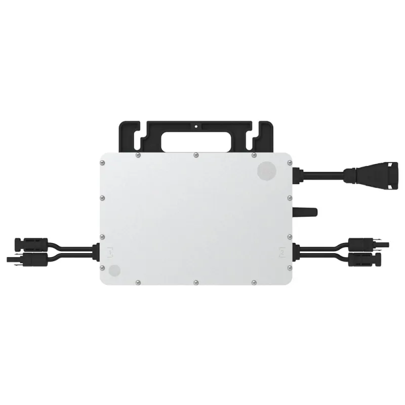 Seitliche Ansicht des Hoymiles HMS-1000-2T Microinverters mit Kabelanschlüssen und Schutzart IP67.