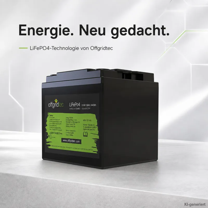 Batteriespeicher LiFePo4 Akku 12,8V 50Ah in kompakter Bauweise mit Schutzart IP65.