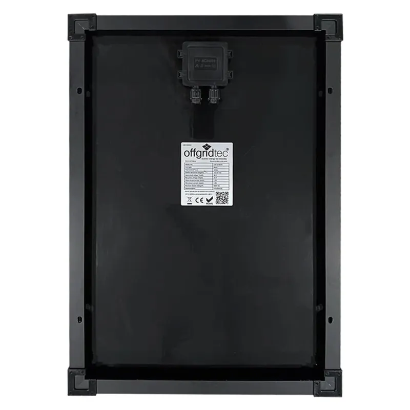 Rückseite des Solarmoduls OLP 30W V2 mit Anschlussdose und Montagehinweisen