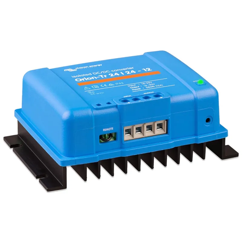 Seitenansicht des kompakten Victron Energy DC/DC Wandlers für Photovoltaik-Systeme.