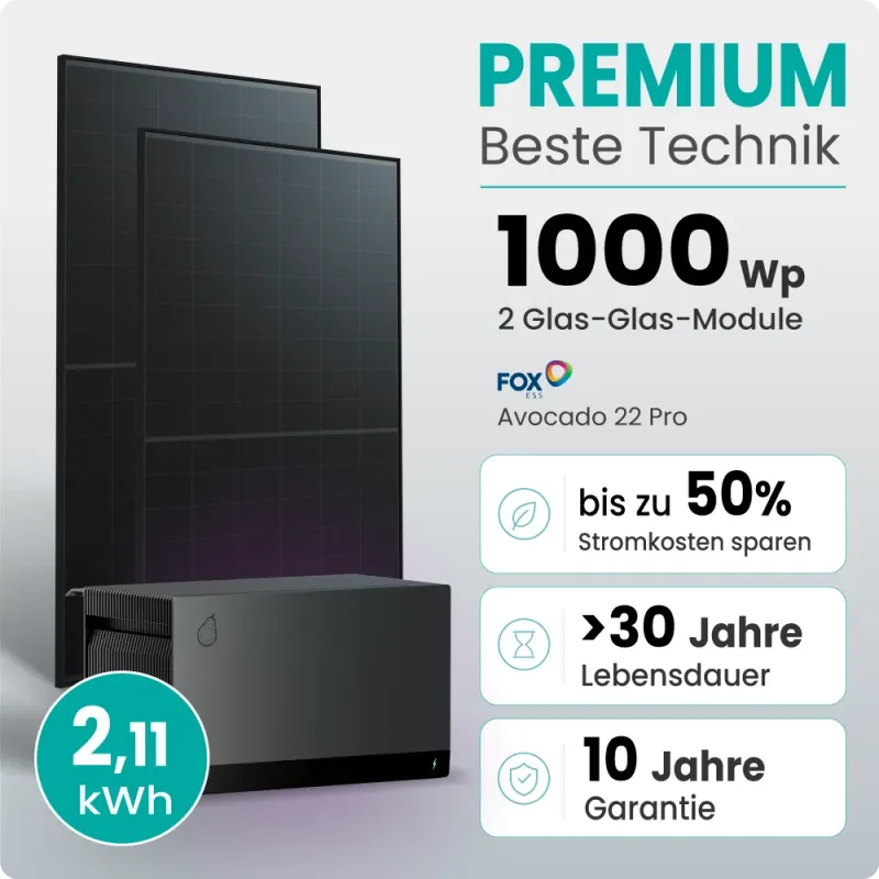 1000W Balkonkraftwerk Premium mit FoxEss Avocado 22 Pro 2,11kWh Speicher