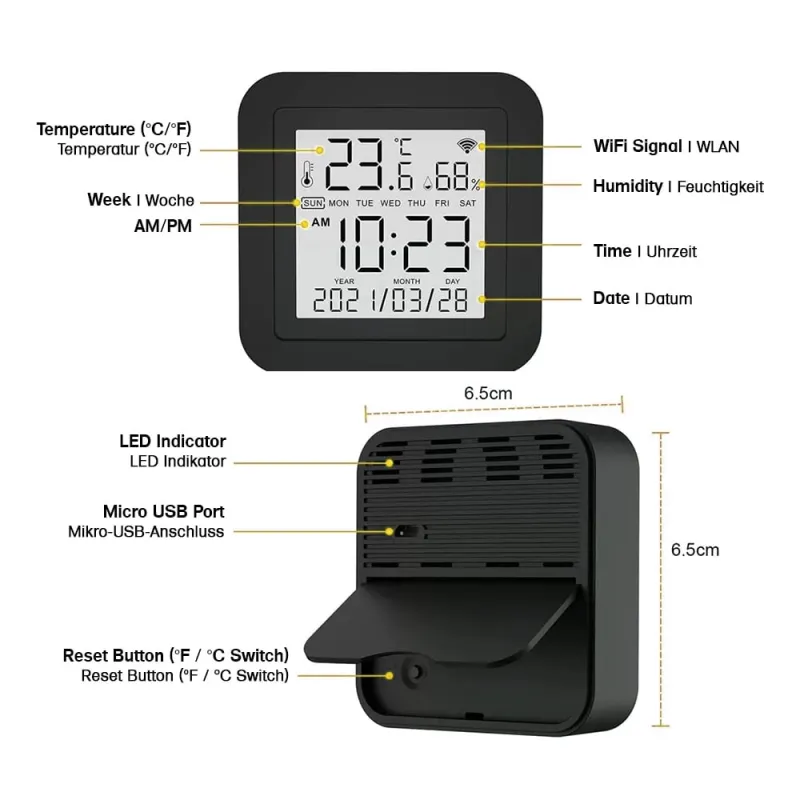 Smart WLAN Thermometer in der Seitenansicht mit Temperaturanzeige