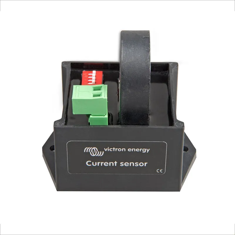 Seitliche Ansicht des Victron Energy AC-Stromsensors mit Anschlussmöglichkeiten.