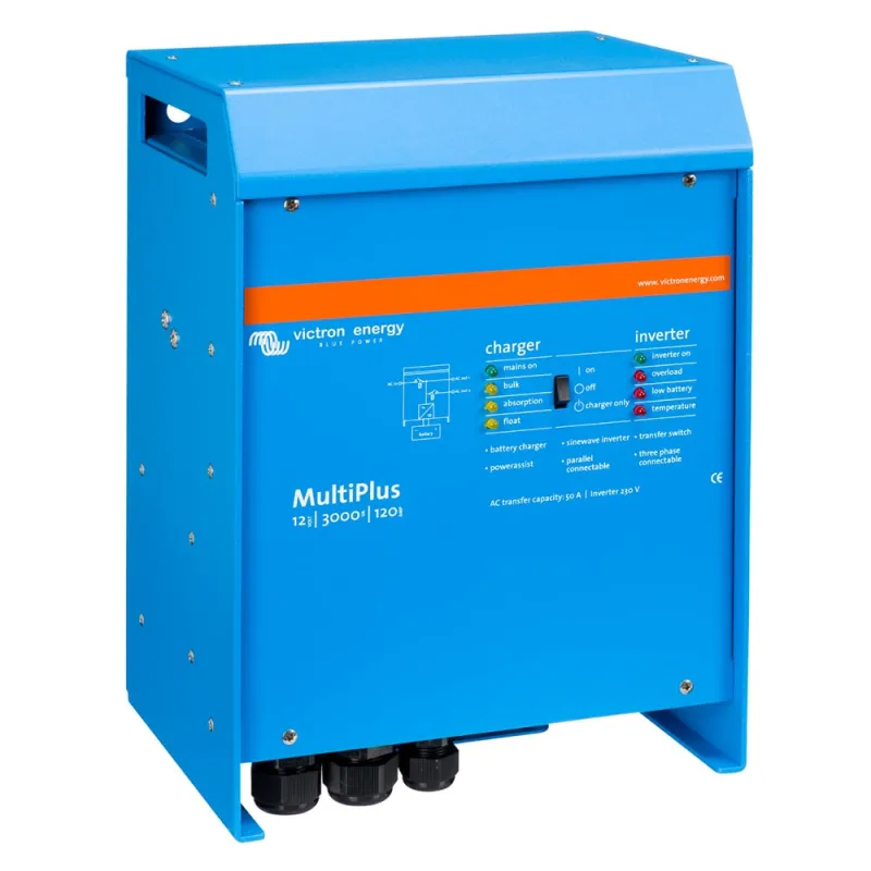 Victron Energy Wechselrichter Ladegerät in Seitenansicht mit technischen Details und Typenschild.