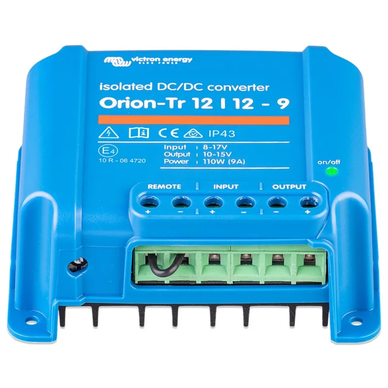 Ansicht des Victron Energy DC/DC Wandlers mit Anschlüssen und Gehäuse