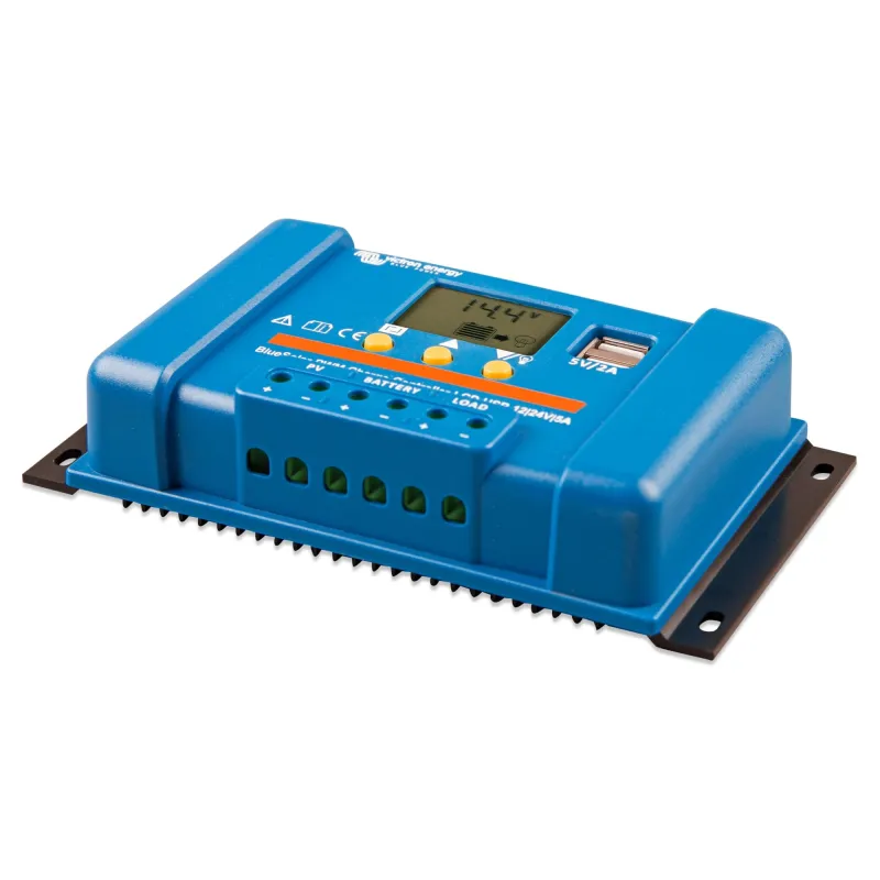 Seitliche Ansicht des kompakten Victron Solarladereglers BlueSolar für Photovoltaikanlagen.
